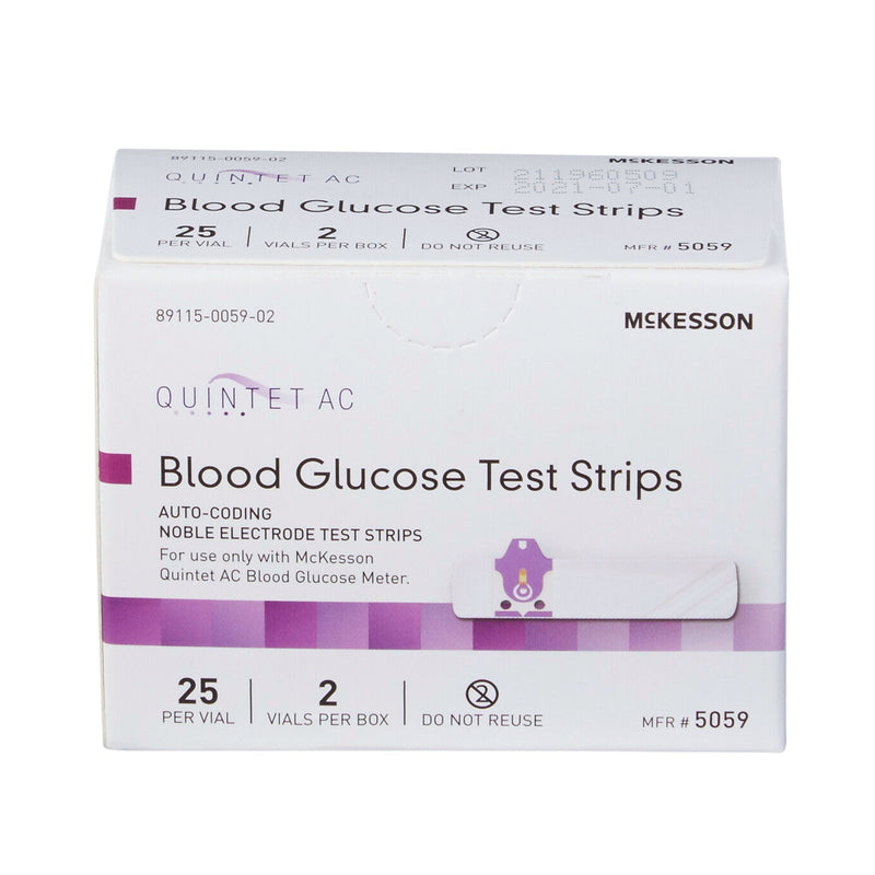 Box of McKesson Quintet AC Blood Glucose Test Strips on a white background