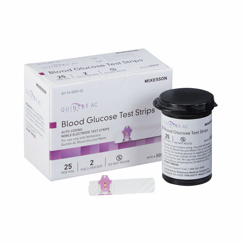Box of McKesson Quintet AC Blood Glucose Test Strips with a single strip and container on a white background