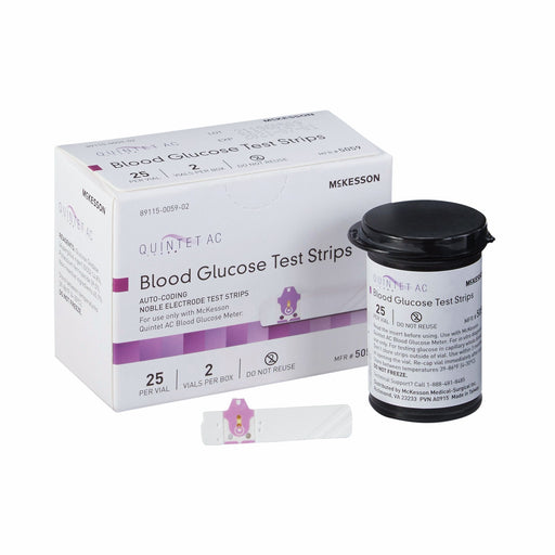 Box of McKesson Quintet AC Blood Glucose Test Strips with a single strip and container on a white background
