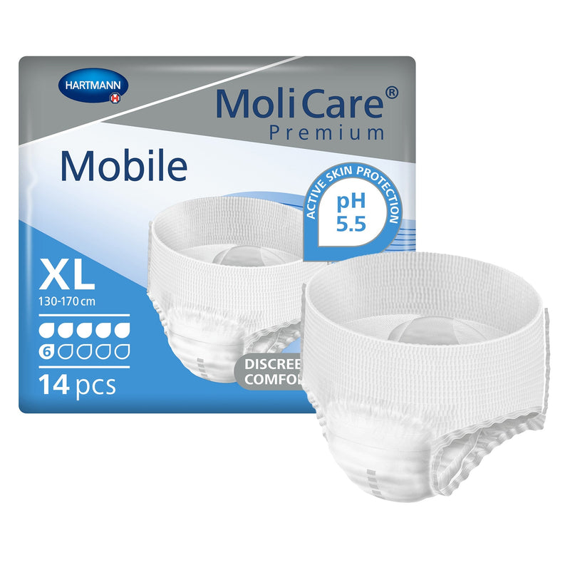 MoliCare Premium Mobile adult diaper packaging with a single diaper displayed in front.