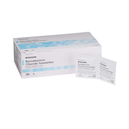 Box of McKesson Benzalkonium Chloride Towelettes on a white background