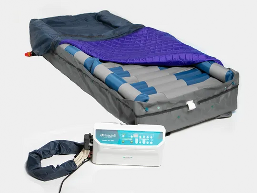 Inflatable mattress with blue cover and power adapter on a white background