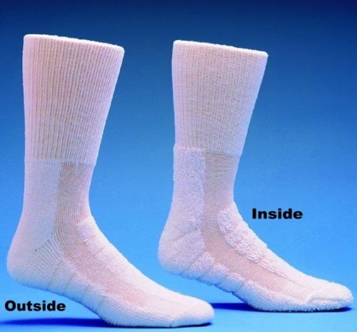 Two white socks labeled 'Outside' and 'Inside' on a blue background
