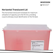 Biohazard sharps container with horizontal translucent lid on a white background, featuring McKesson branding.