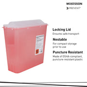 Red medical sharps container with white lid on a white background, featuring McKesson branding.