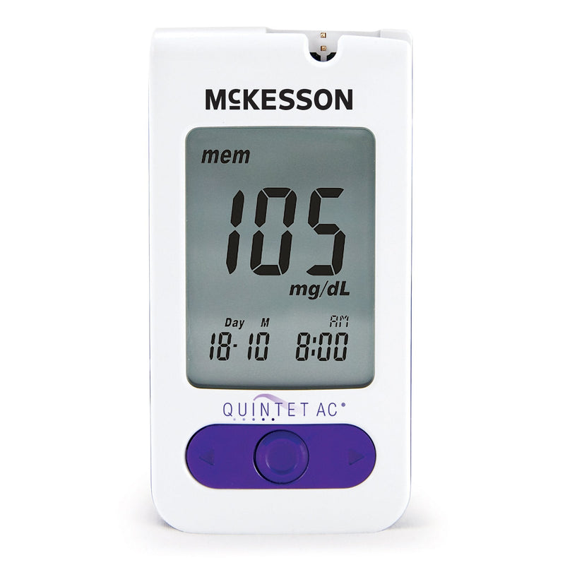 McKesson blood glucose monitor with digital display on a white background