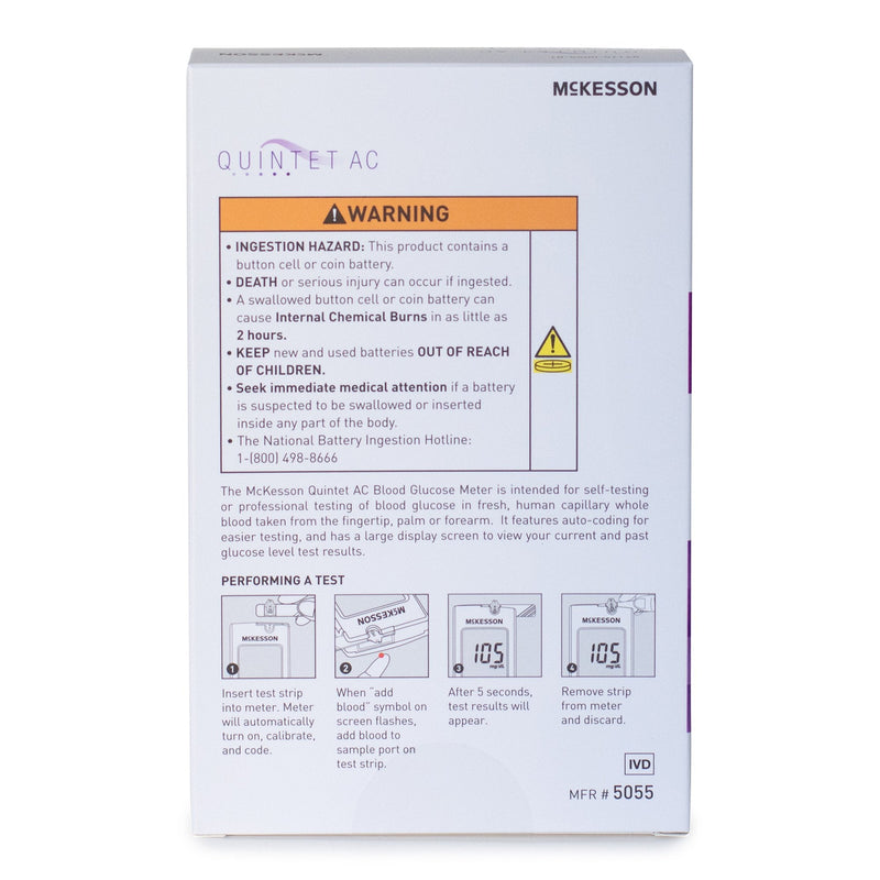 Quintet AC blood glucose meter packaging with warning label and usage instructions.