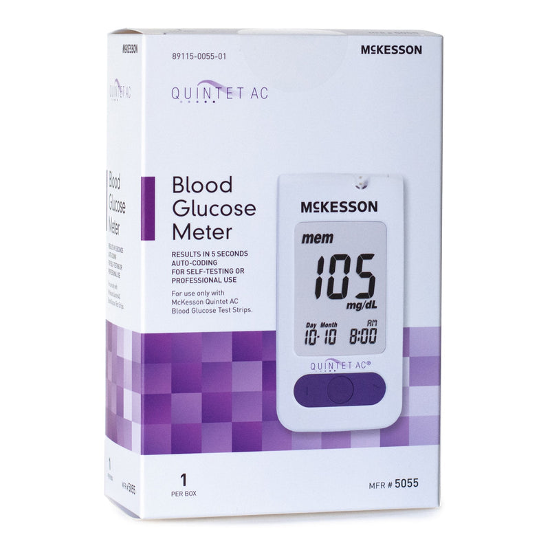 Box of McKesson Quintet AC blood glucose meter on a white background