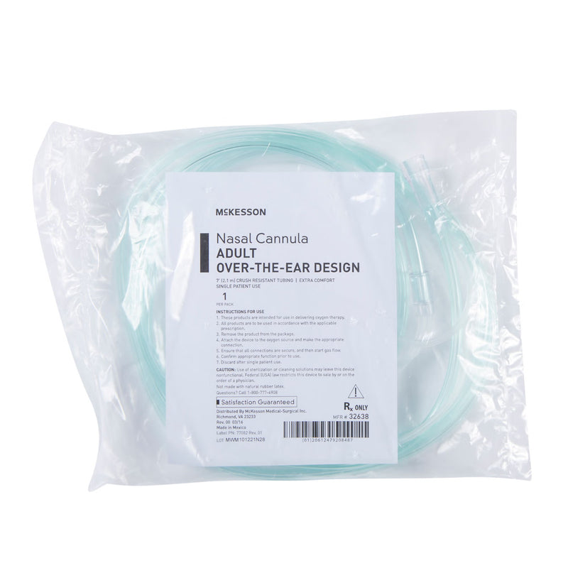 A packaged nasal cannula tube set by MKXESSON, featuring a light mint green translucent tubing coiled inside a clear plastic bag with a white product label.