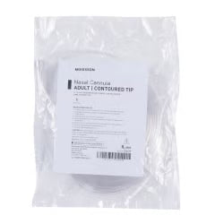 A packaged medical nasal cannula adult and contoured tip set by Microson, sealed in a clear plastic bag with a white paper insert label.