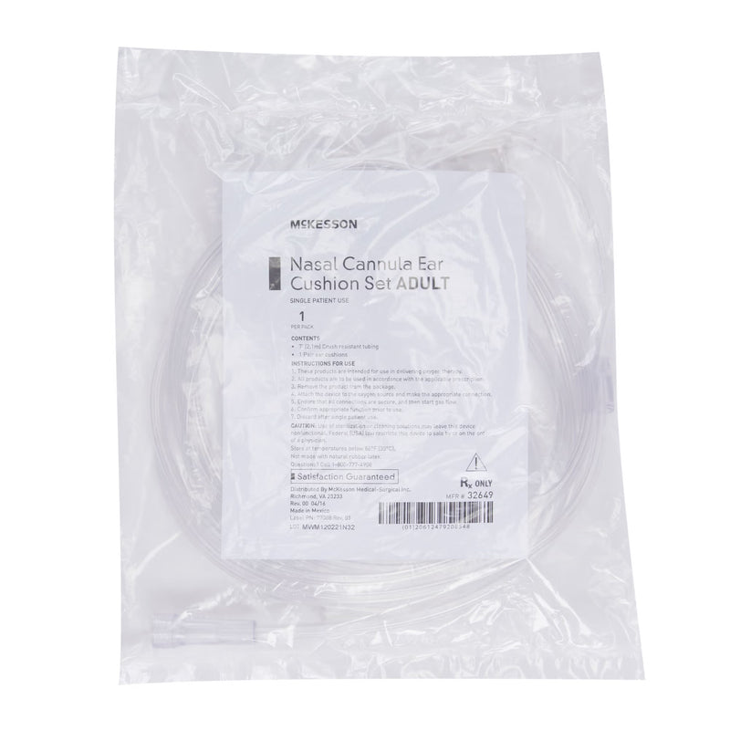 A packaged nasal cannula ear cushion set in a clear plastic bag with a white printed label. The label reads 'Mikelson Nasal Cannula Ear Cushion Set ADULT'.