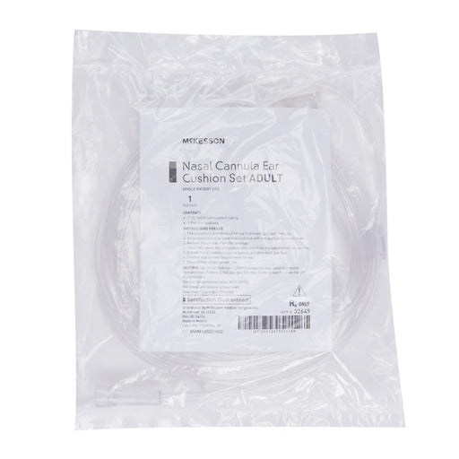 A packaged nasal cannula ear cushion set in a clear plastic bag with a white printed label. The label reads 'Mikelson Nasal Cannula Ear Cushion Set ADULT'.