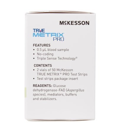 McKesson TRUE METRIX PRO test strip container with product details on a white background