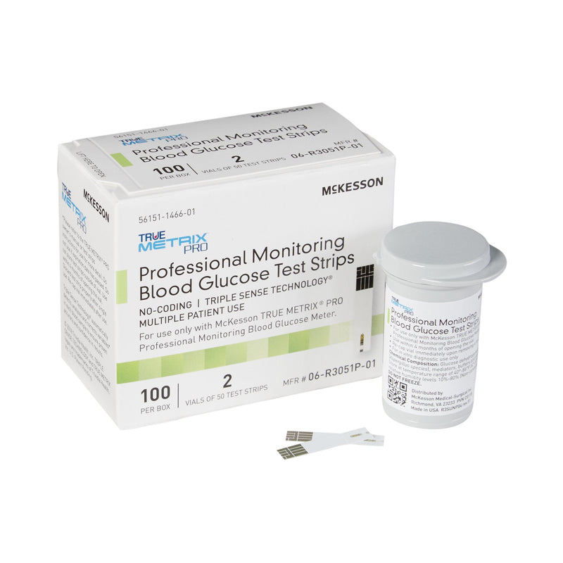 Box of McKesson True Metrix Pro professional monitoring blood glucose test strips on a white background