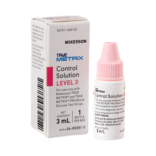 Mckesson True Metrix control solution level 3 bottle and box on a white background