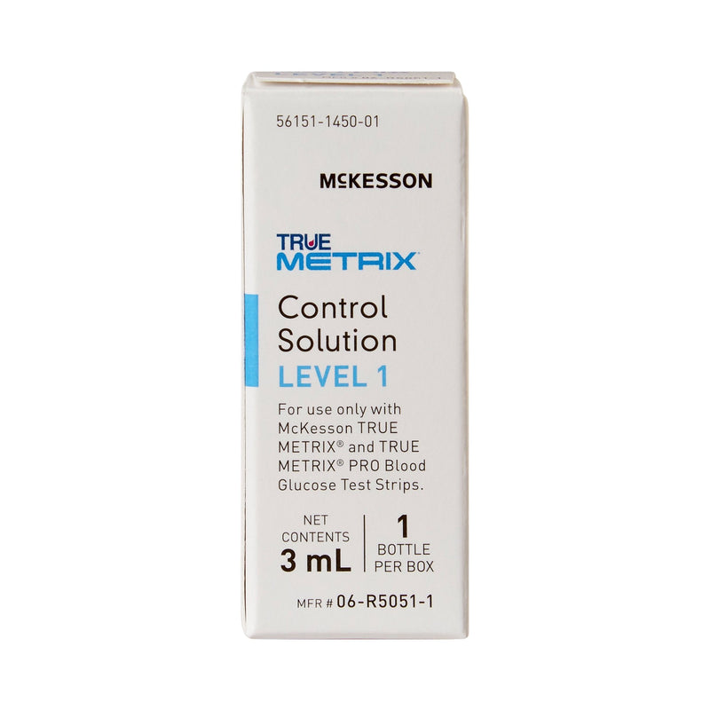 Box of McKesson True Metrix Control Solution Level 1 on a white background