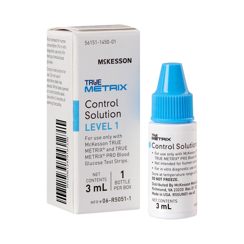 McKesson True Metrix control solution bottle and packaging on a white background
