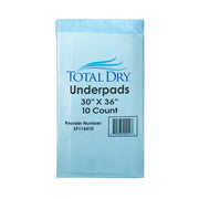 Pack of Total Dry underpads with Dimensions 30" x 36" on a white background
