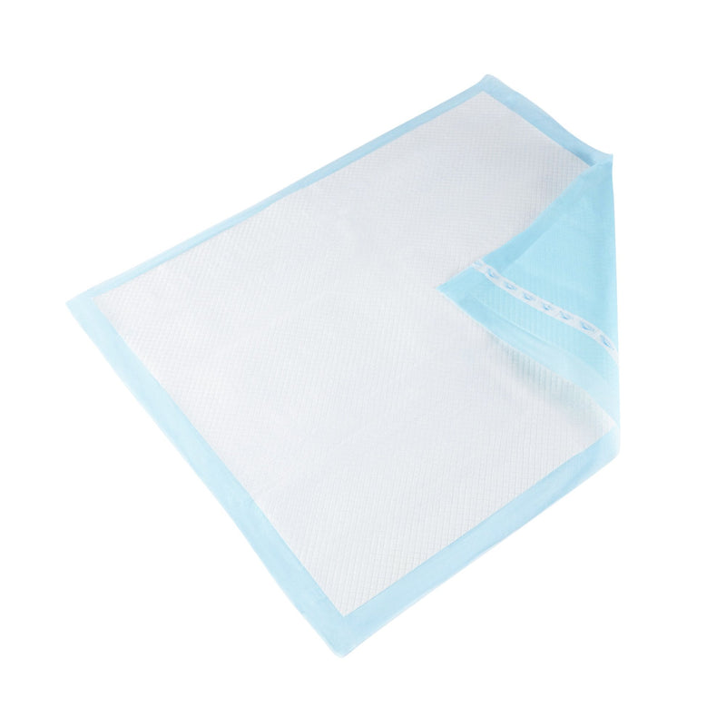 White pocket square with light blue border on a white background
