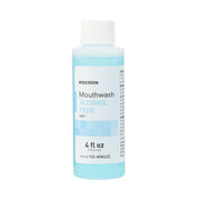 Mckesson mouthwash bottle with blue liquid on a white background