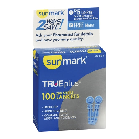 Box of Sunmark TRUEplus 28 Gauge Twist-Top Lancets