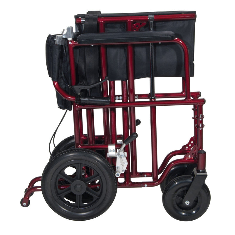 Red and black folding cart with wheels on a white background