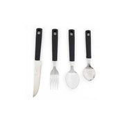 Set of four black-handled cutlery items on a white background