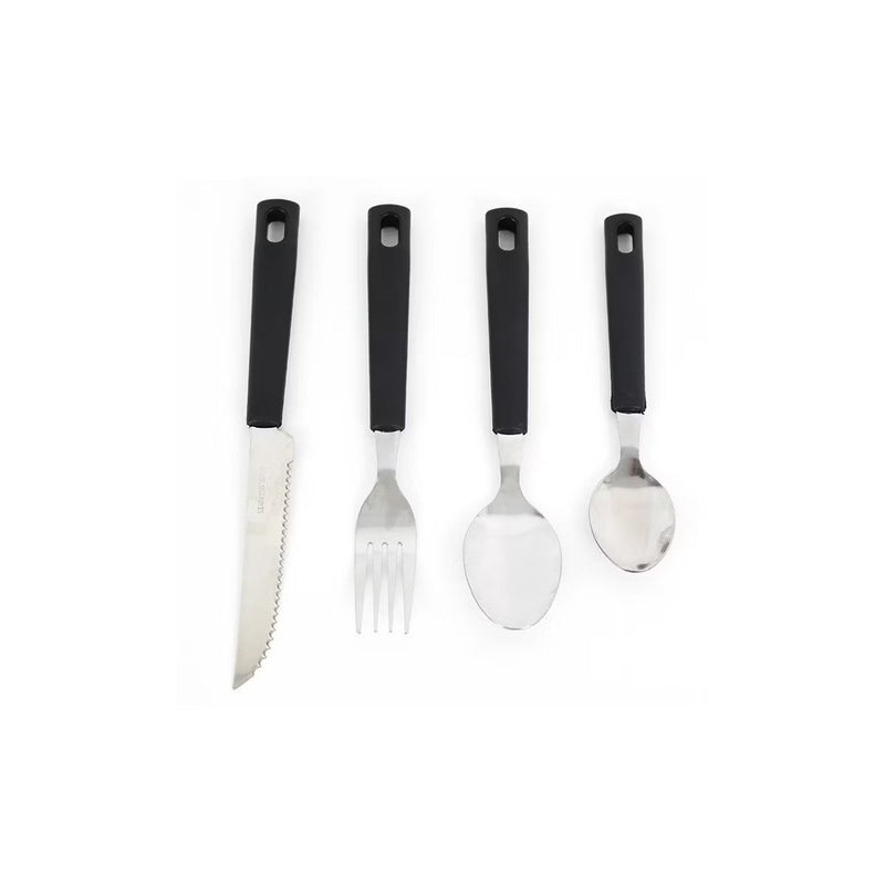 Set of four black-handled cutlery items on a white background