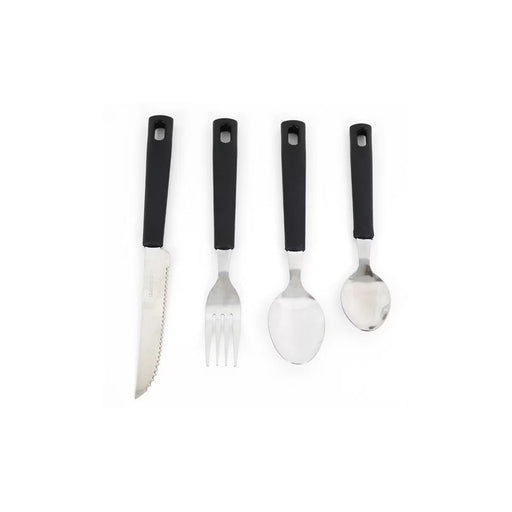 Set of four black-handled cutlery items on a white background