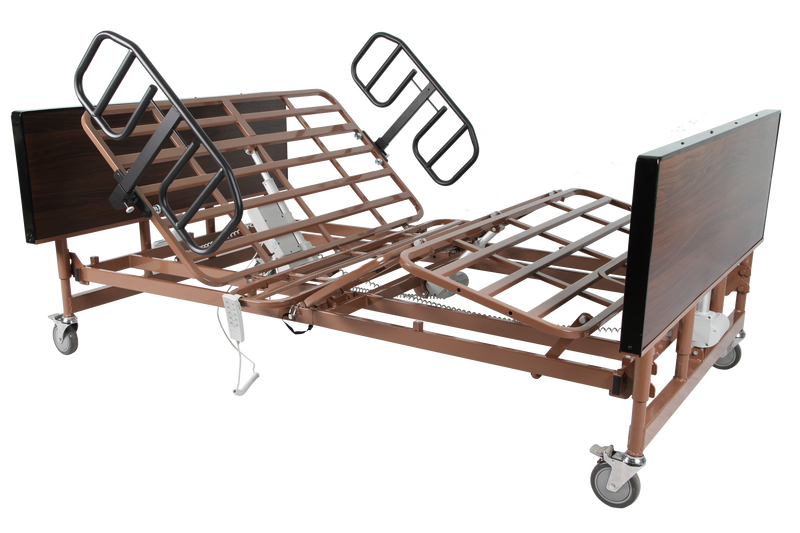 Medical bed with adjustable features on a white background
