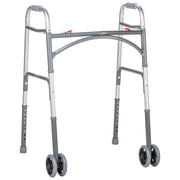 Silver walker with four wheels on a white background