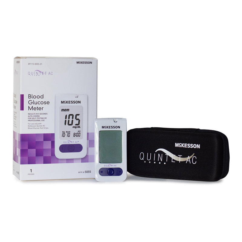 McKesson blood glucose meter with packaging and carrying case on a white background