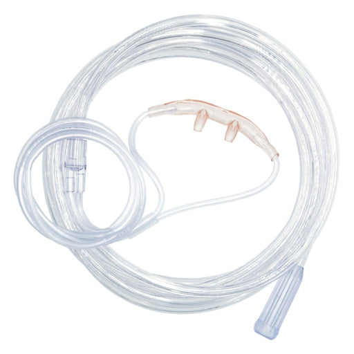 Clear oxygen tubing with a nasal cannula on a white background