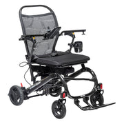 Black and gray mobility scooter with adjustable seat on a white background