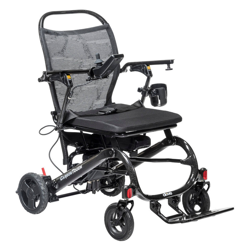 Black and gray mobility scooter with adjustable seat on a white background