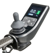 Control panel with joystick and digital display on a white background