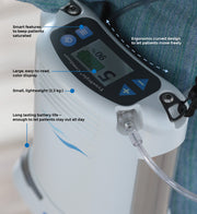 Medical device with digital display and text highlighting features, on a blurred background.