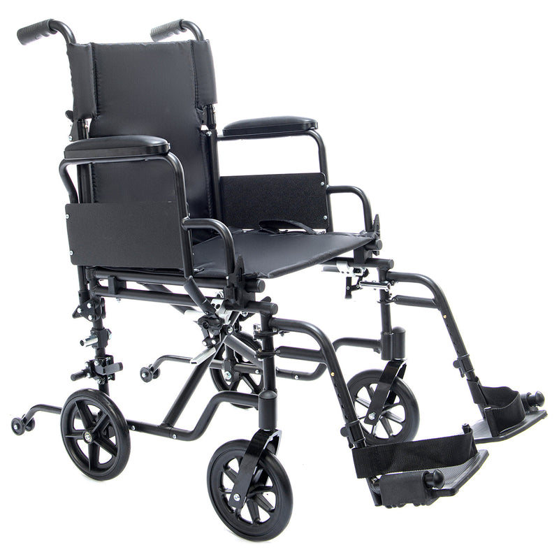 Black wheelchair with folding mechanism on a white background