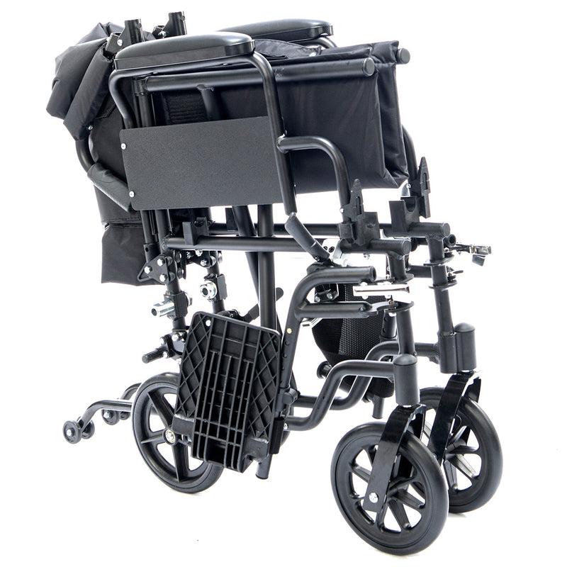 Black folding wheelchair on a white background