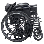 Black wheelchair with folded legs on a white background