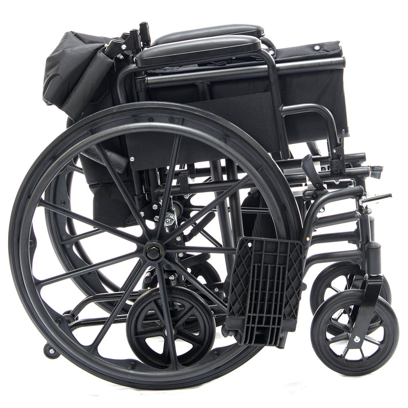 Black wheelchair with folded legs on a white background