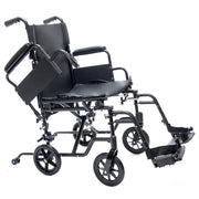 Black wheelchair with folded footrest on a white background