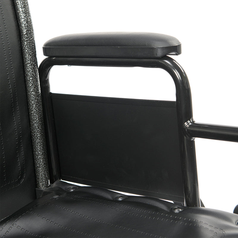 Close-up of a wheelchair with armrest and backrest.