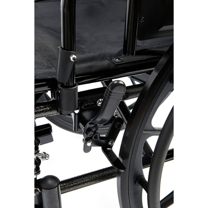 Close-up of a black wheelchair with visible components on a white background