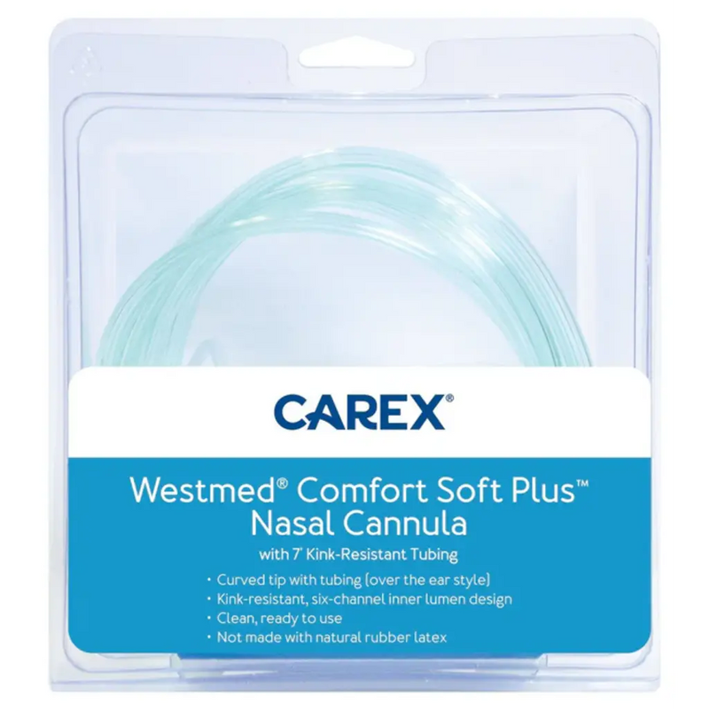CAREX Westmed Comfort Soft Plus nasal cannula tubing in its retail packaging, featuring a light blue translucent tube inside a clear plastic blister pack with a blue and white label.