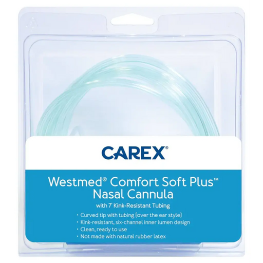 CAREX Westmed Comfort Soft Plus nasal cannula tubing in its retail packaging, featuring a light blue translucent tube inside a clear plastic blister pack with a blue and white label.