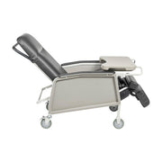Recliner chair with adjustable headrest and footrest on a white background