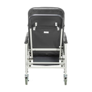 Black reclining chair with wheels on a white background