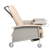 Beige recliner chair with tray on a white background