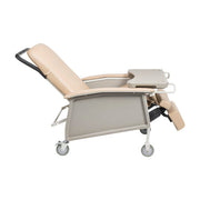 Beige recliner chair with wheels on a white background